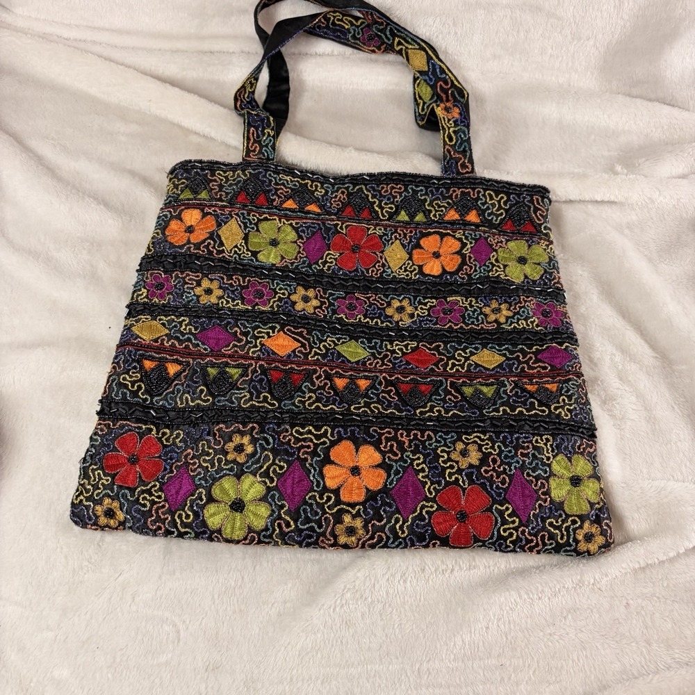 Vintage Inspired Boho Embroidered Floral Fabric Tote Bag Bead Accents Hippie EUC